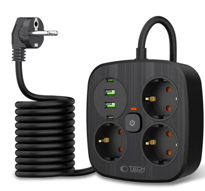 TechProtection PowerStrip verlengstekker met 2 USB-A, 2 USB-C en 3 Euro stekkers
