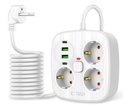 TechProtection PowerStrip verlengstekker met 2 USB-A, 2 USB-C en 3 Euro stekkers wit