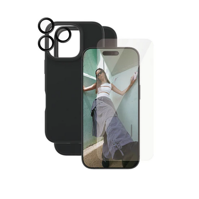 PanzerGlass CARE 3 in 1 iPhone 16 Pro bundel hoesje screen en camera protector zwart