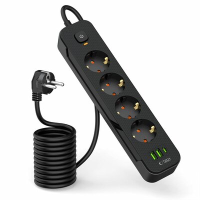 TechProtection PowerStrip stekkerdoos met 2 USB-A,USB-C en 4 Euro stekkers