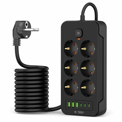 TechProtection PowerStrip stekkerdoos met 3 USB-A,USB-C en 6 Euro stekkers