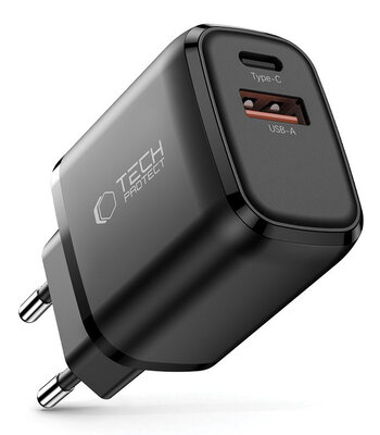 TechProtection USB-C 2 poort oplader 20 watt zwart