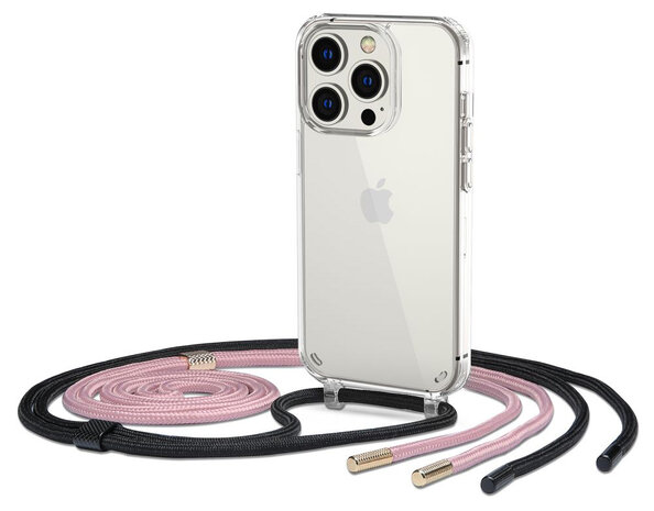 Verplicht Rijd weg Denemarken Tech Protection iPhone 14 Pro hoesje met draagkoord zwart / roze - Appelhoes