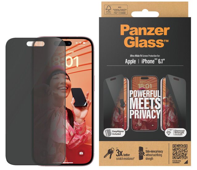 PanzerGlass Privacy Edge to Edge Glazen iPhone 15 screenprotector met applicator