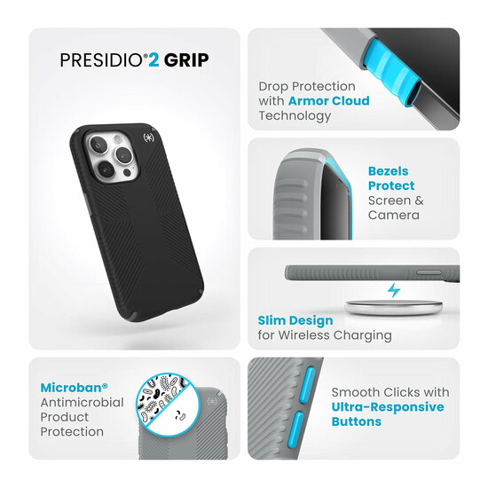 Speck Presidio 2 Grip iPhone 15 Pro hoesje zwart