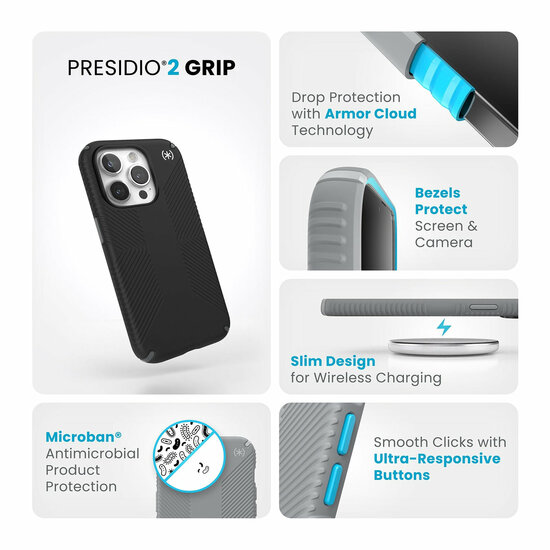 Speck Presidio 2 Grip iPhone 15 Pro hoesje grijs