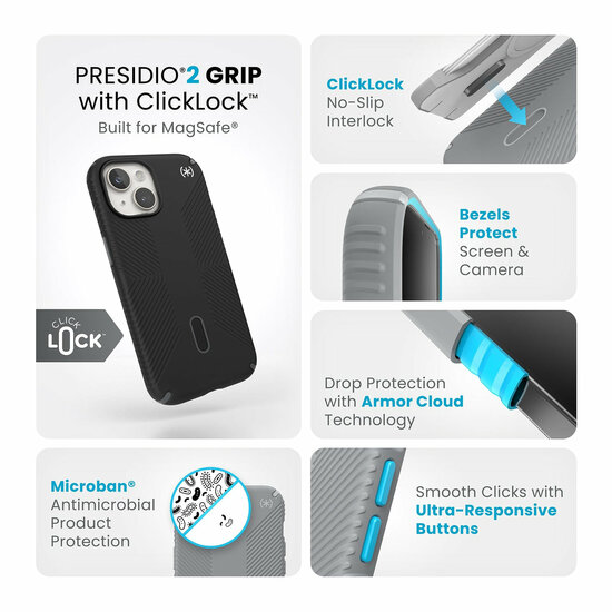 Speck Presidio 2 Grip Clicklock iPhone 15 hoesje zwart