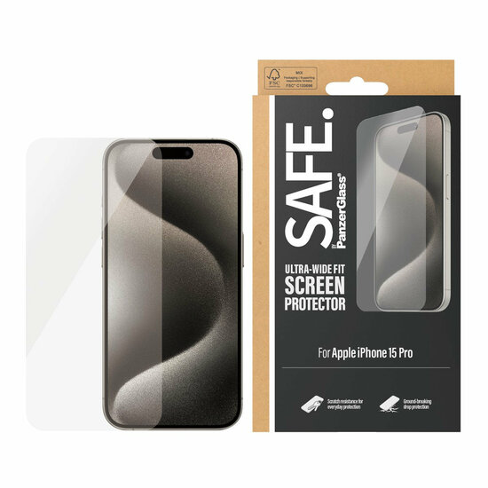 PanzerGlass SAFE iPhone 15 Pro Ultra Wide Fit glazen screenprotector