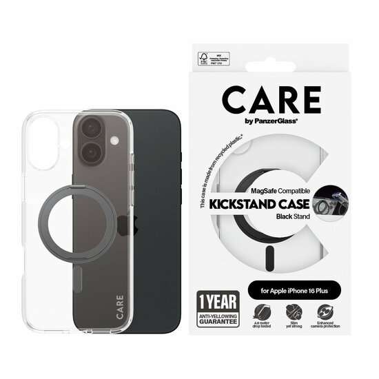 PanzerGlass CARE met kickstand iPhone 16 Plus hoesje zwart
