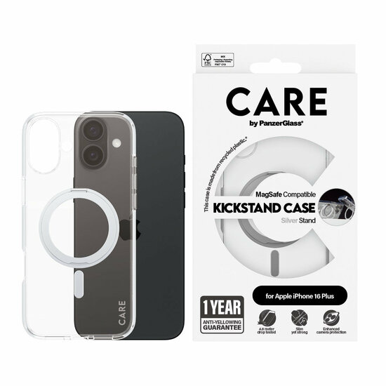 PanzerGlass CARE met kickstand iPhone 16 Plus hoesje zilver