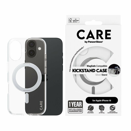 PanzerGlass CARE met kickstand iPhone 16 hoesje zilver