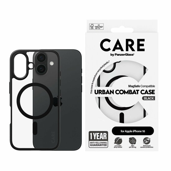 PanzerGlass CARE Urban Combat iPhone 16 hoesje doorzichtig zwart