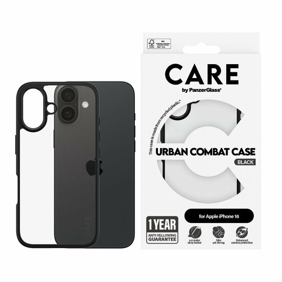 PanzerGlass CARE Urban Combat iPhone 16 hoesje zwart doorzichtig
