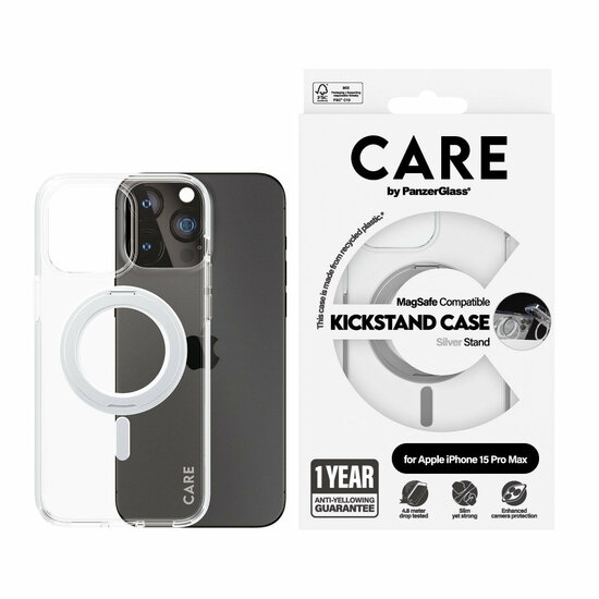PanzerGlass CARE met kickstand MagSafe iPhone 15 Pro Max hoesje zilver