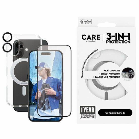 PanzerGlass CARE 3 in 1 iPhone 16 ceramic bundel hoesje screen en camera protector