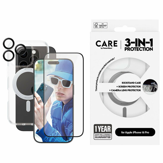 PanzerGlass CARE 3 in 1 iPhone 16 Pro ceramic bundel hoesje screen en camera protector