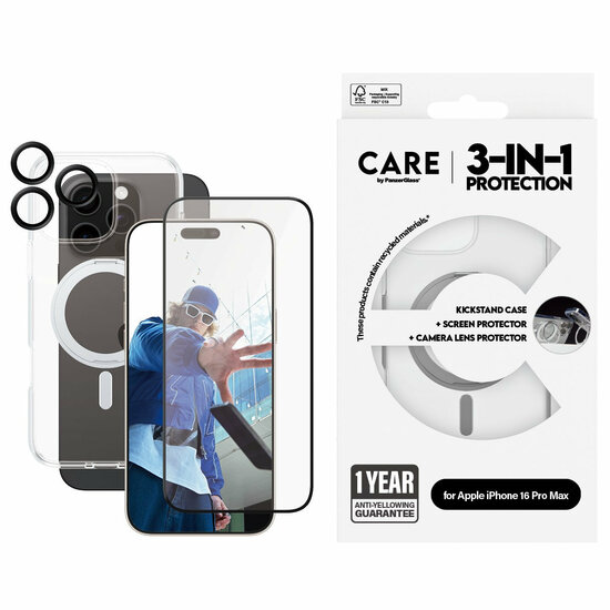 PanzerGlass CARE 3 in 1 iPhone 16 Pro Max ceramic bundel hoesje screen en camera protector