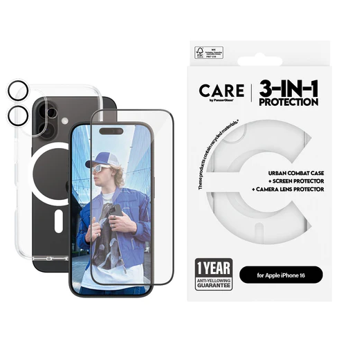 PanzerGlass CARE 3 in 1 iPhone 16 Urban Combat bundel hoesje screen en camera protector