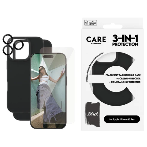 PanzerGlass CARE 3 in 1 iPhone 16 Pro bundel hoesje screen en camera protector zwart