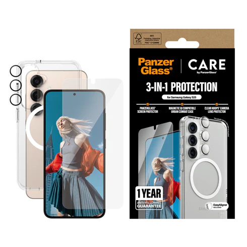 PanzerGlass CARE 3 in 1 Galaxy S25 bundel hoesje screen en camera protector doorzichtig
