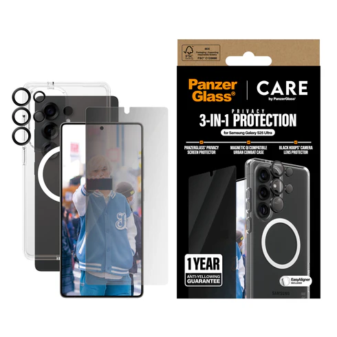 PanzerGlass CARE 3 in 1 Galaxy S25 Ultra bundel hoesje privacy screen en camera protector doorzichtig