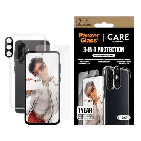 PanzerGlass CARE 3 in 1 bundel Galaxy A36 hoesje screen en camera protector
