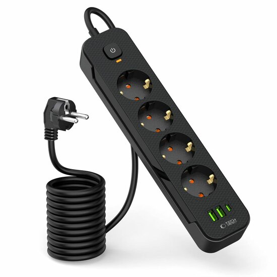 TechProtection PowerStrip stekkerdoos met 2 USB-A,USB-C en 4 Euro stekkers
