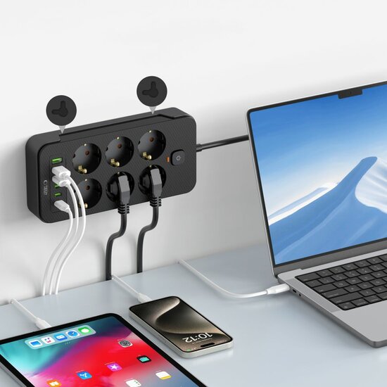 TechProtection PowerStrip stekkerdoos met 3 USB-A,USB-C en 6 Euro stekkers