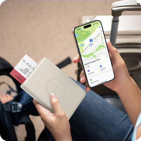 Satechi Vegan Leather&nbsp;paspoorthoes met Find My tracker beige
