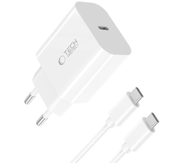 TechProtection 20 watt USB-C oplader + USB-C kabel wit