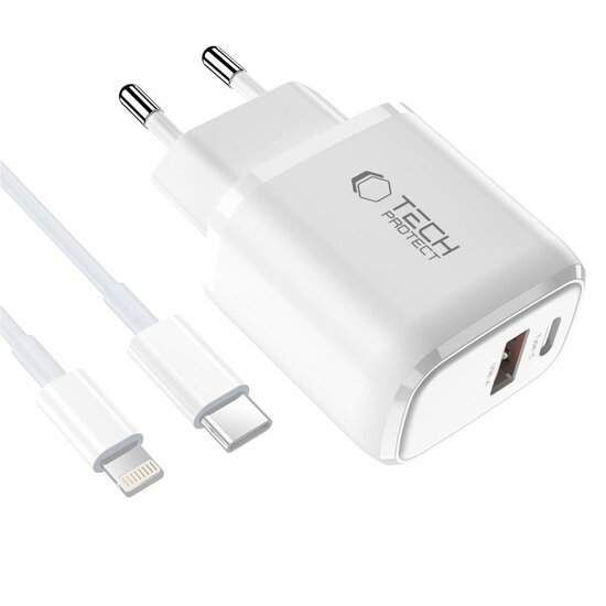 TechProtection USB-C 2 poort oplader 20 watt met USB-C naar Lightning kabel