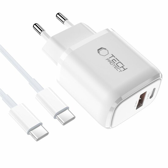 TechProtection USB-C 2 poort oplader 20 watt met USB-C kabel