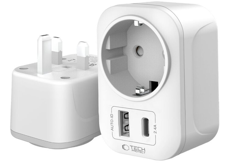 TechProtection reisstekker UK to EU met USB poorten