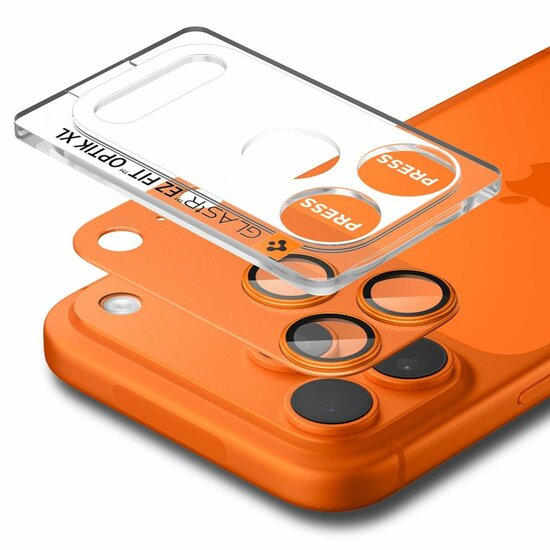 Spigen Optik Pro XL EZ Fit iPhone 17 Pro camera protector oranje