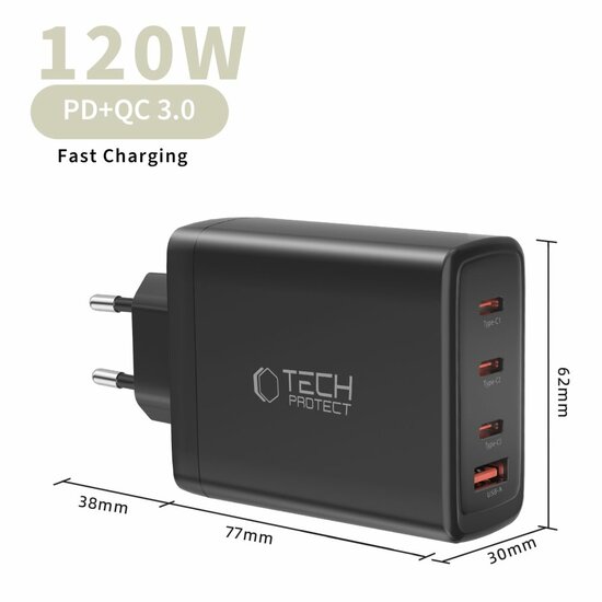 TechProtection GaN 4 poort 120 watt USB-C oplader zwart