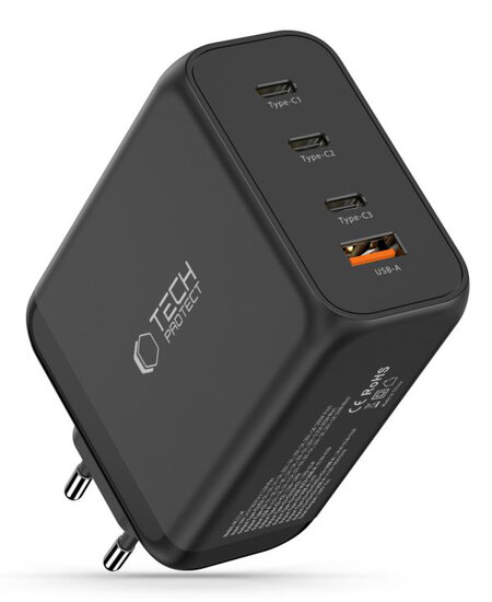 TechProtection GaN 4 poort 200 watt USB-C oplader zwart