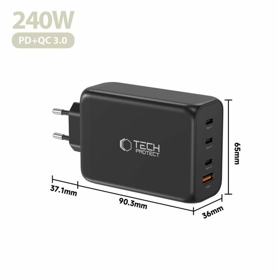 TechProtection GaN 4 poort 240 watt USB-C oplader zwart