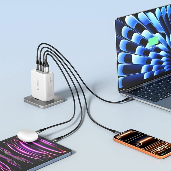 TechProtection GaN 4 poort 200 watt USB-C oplader wit