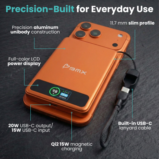 BMX SolidSafe 5 K MagSafe solid-state powerbank 5000 mAh oranje