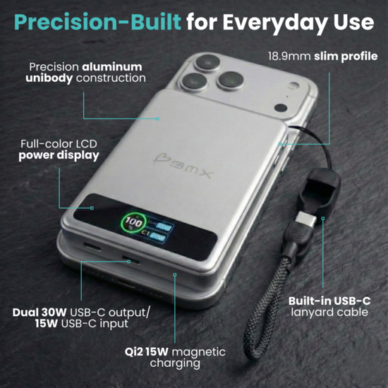 BMX SolidSafe 10 K MagSafe solid-state powerbank 10000 mAh zilver