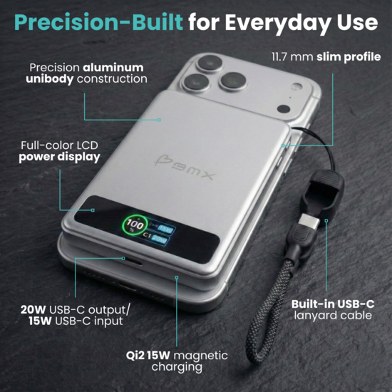 BMX SolidSafe 5 K MagSafe solid-state powerbank 5000 mAh zilver