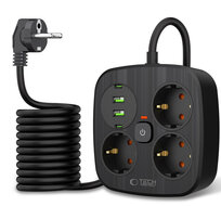 TechProtection PowerStrip verlengstekker met 2 USB-A, 2 USB-C en 3 Euro stekkers