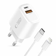 TechProtection USB-C 2 poort oplader 20 watt met USB-C naar Lightning kabel