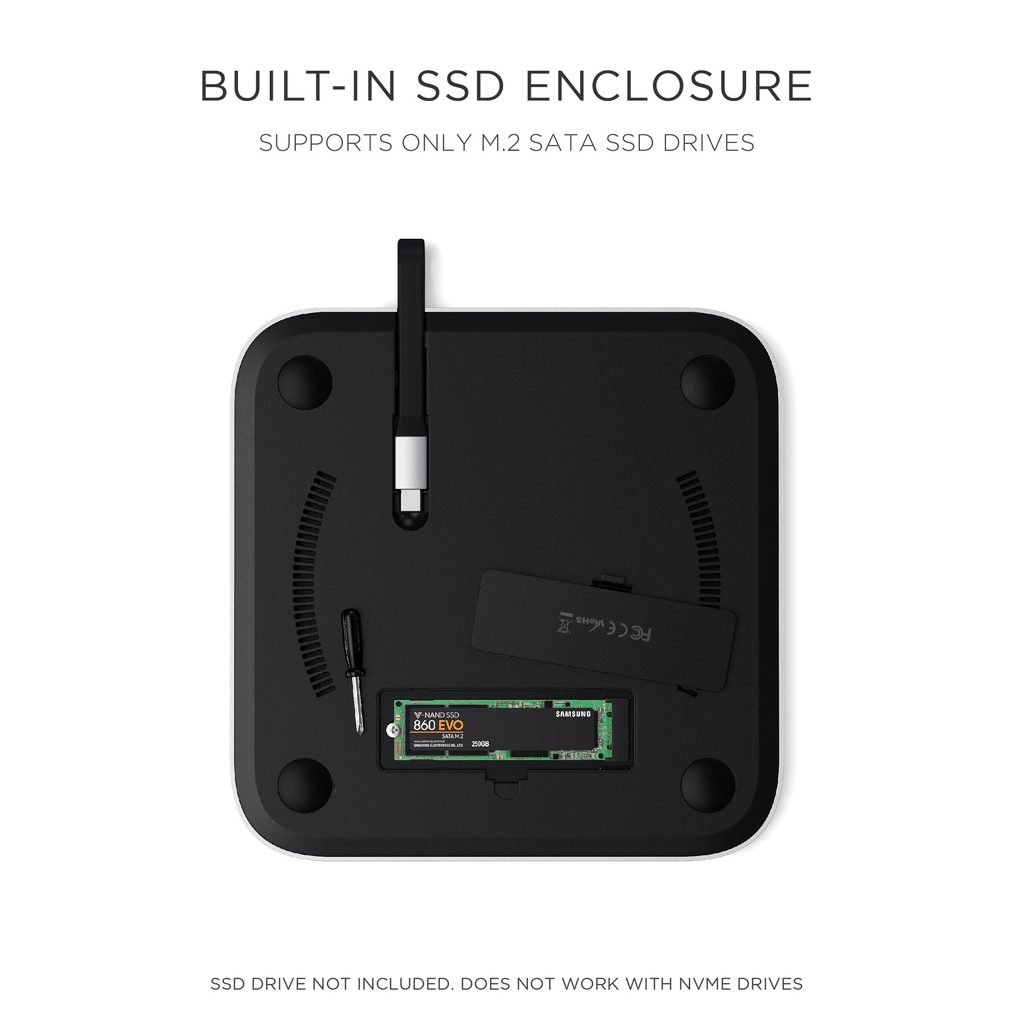 Satechi Mac Mini / Mac Studio stand + USB-C hub + SSD Zilver - Appelhoes Satechi Mac Mini / Mac Studio stand + USB-C hub + SSD Zilver - Appelhoes