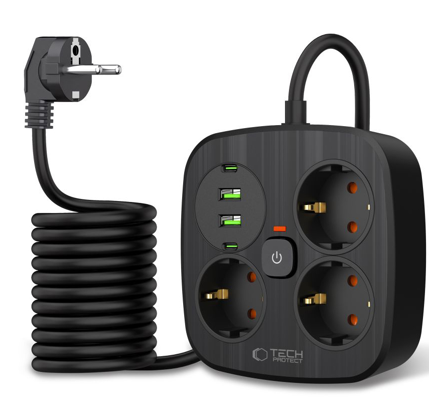TechProtection PowerStrip verlengstekker met 2 USB-A, 2 USB-C en 3 Euro stekkers