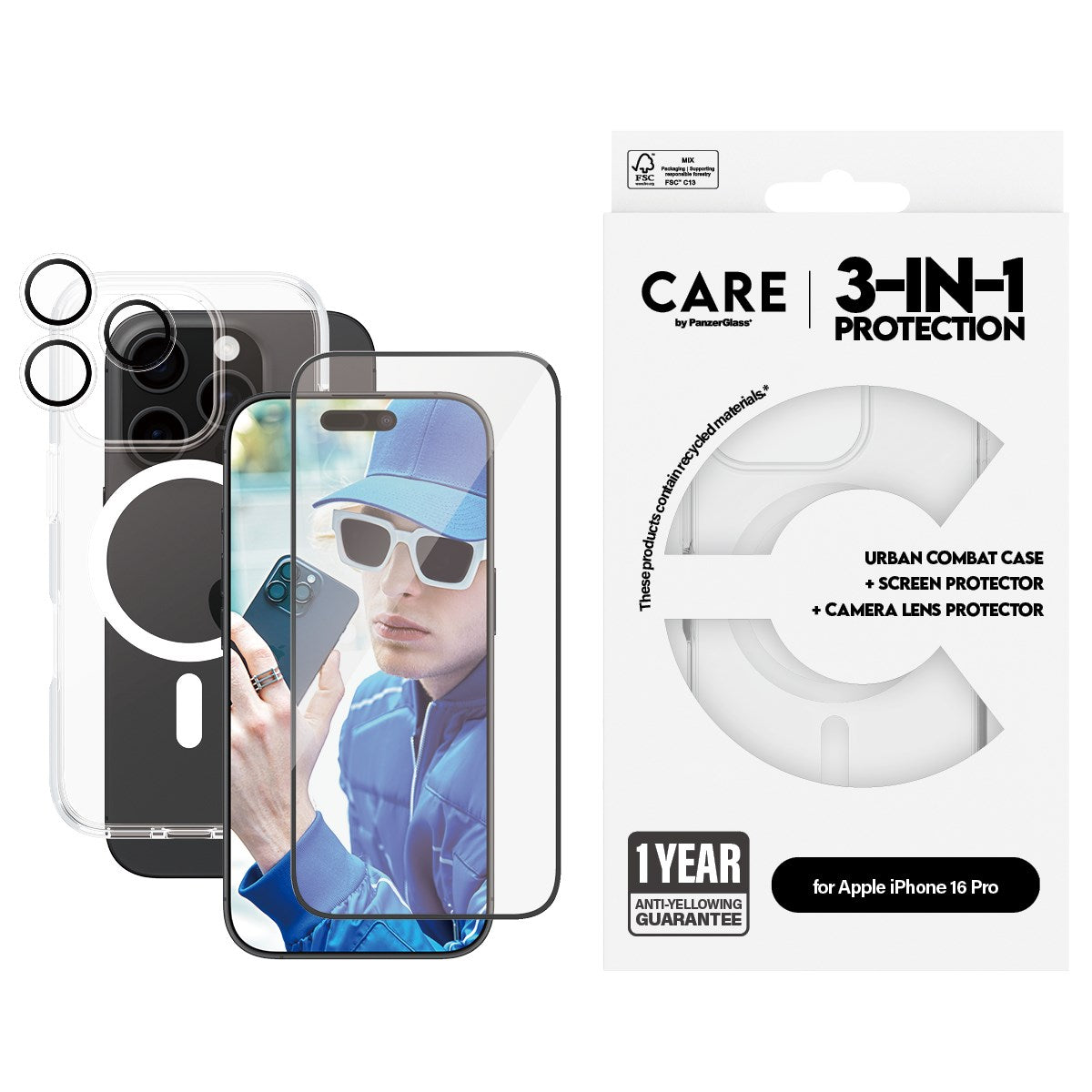 PanzerGlass CARE 3 in 1 iPhone 16 Pro Urban Combat bundel hoesje screen en camera protector