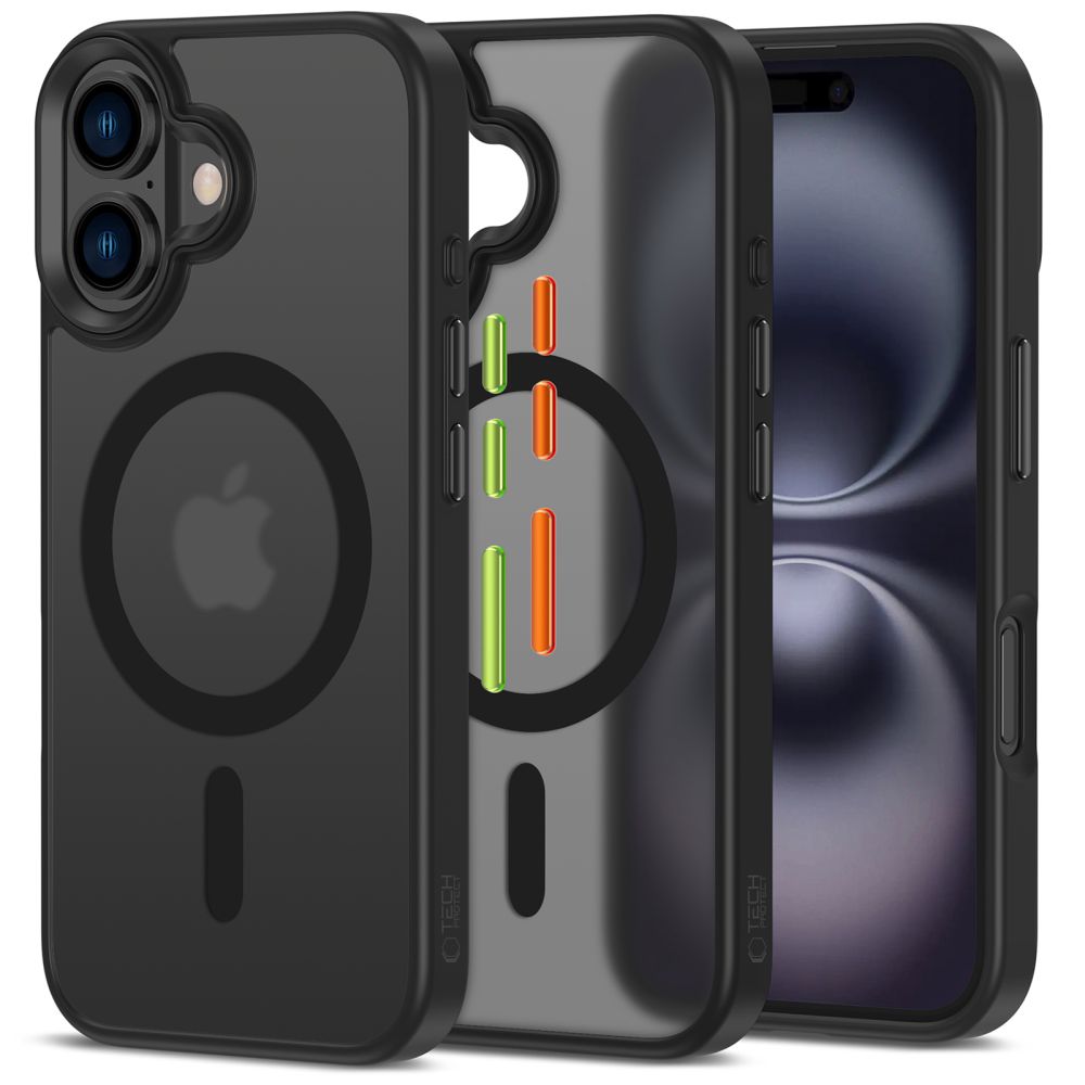 TechProtection MagSafe iPhone 16 hoesje zwart met gekleurde knoppen