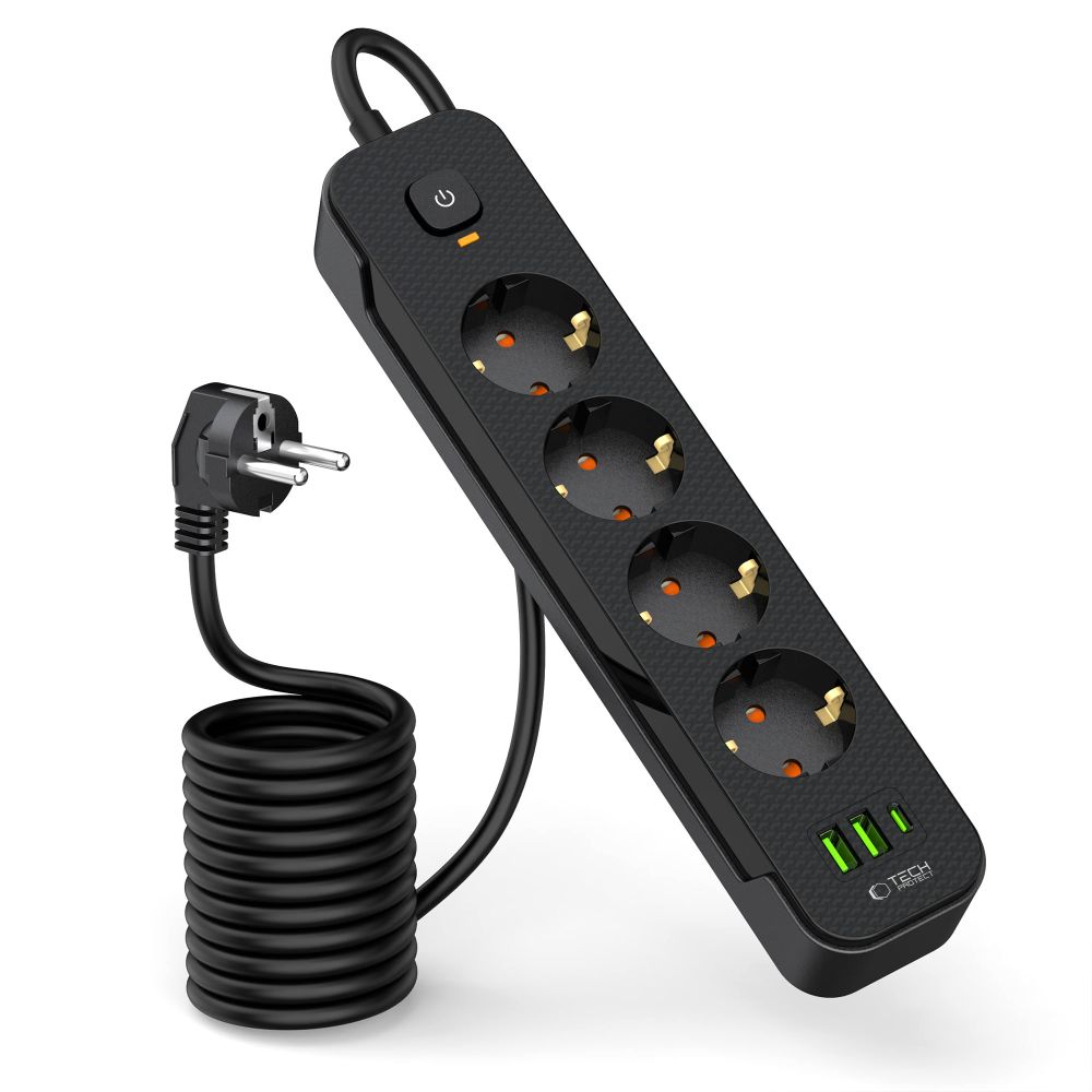 TechProtection PowerStrip stekkerdoos met 2 USB-A,USB-C en 4 Euro stekkers