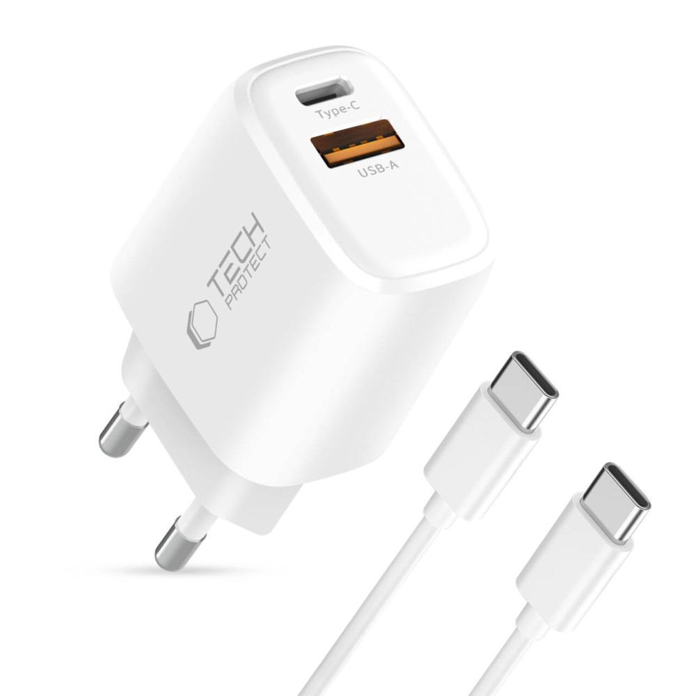 TechProtection USB-C 2 poort oplader 20 watt met USB-C kabel