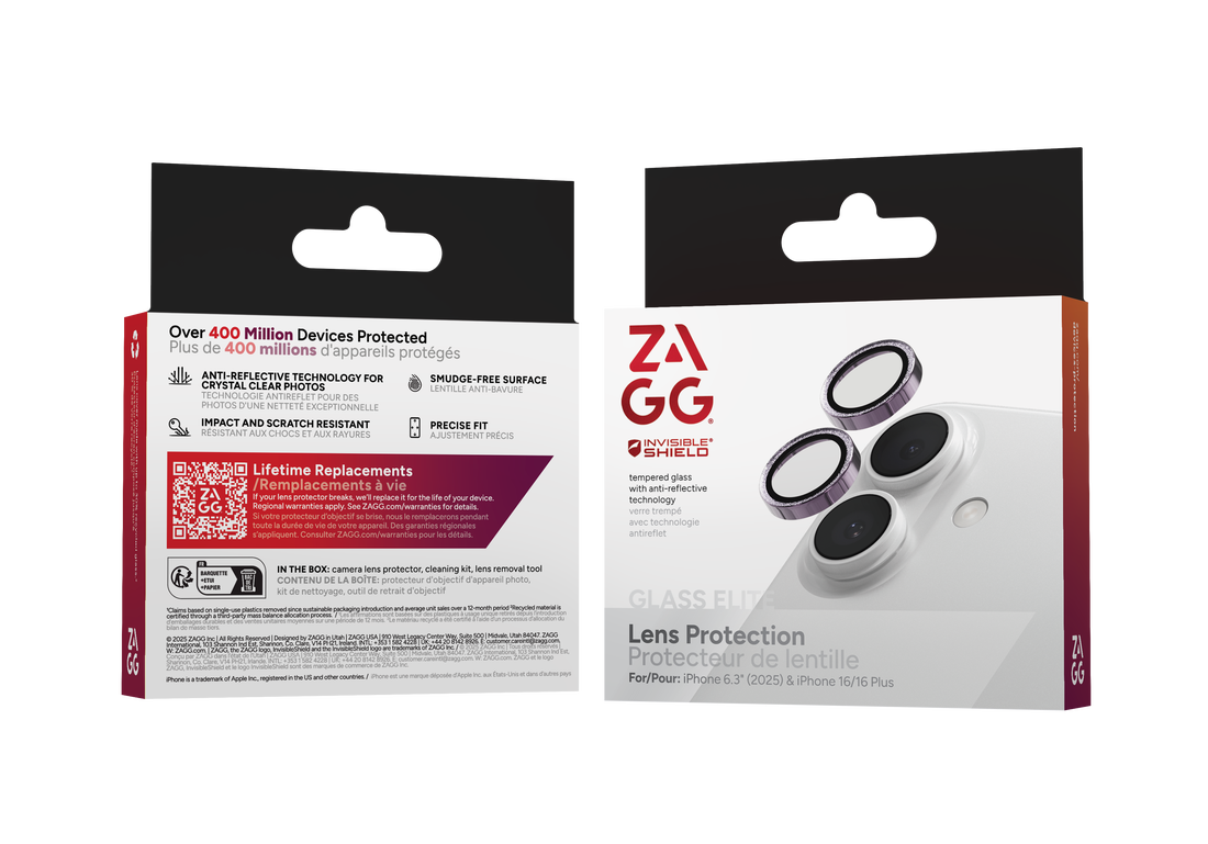 ZAGG InvisibleShield iPhone 17 camera protector paars glitter